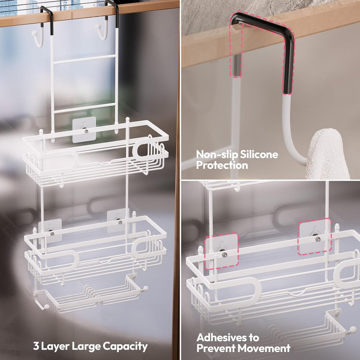 SWTYMIKI Over The Door Shower Caddy With Double Soap Holder, Hanging Shower Caddy With 16 Hooks, No Drilling Hanging Shower Organizer Over Door To Organize Bathroom Essentials, White