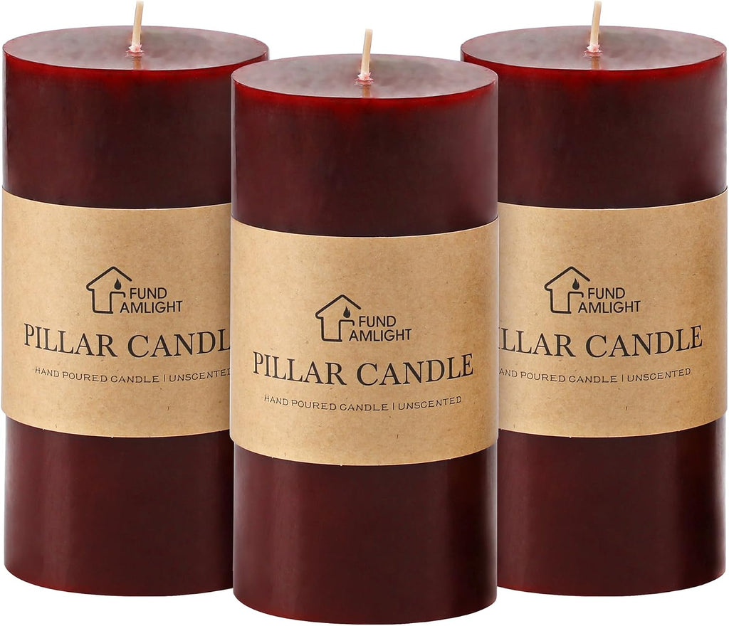 3x6 Inch Burgundy Pillar Candles Set of 3,Unscented Dark Red Pillar Candle