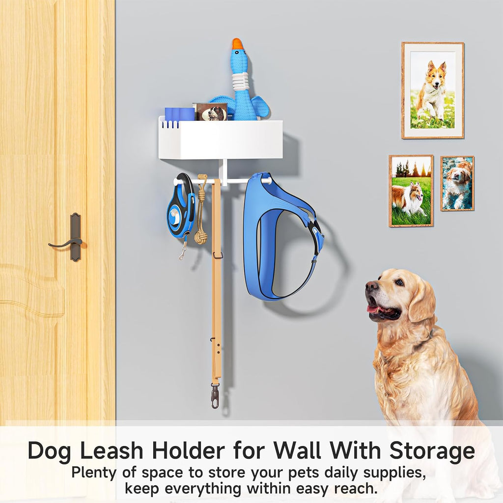 Dog Leash Holder for Wall, Dog Leash Hooks, Pet Stuff Organizer with Shelf Storage, Metal Key Holder, Leash Hangers Organizer Rack for Pet Collar, Toys, Treats, Poop Bag (White)