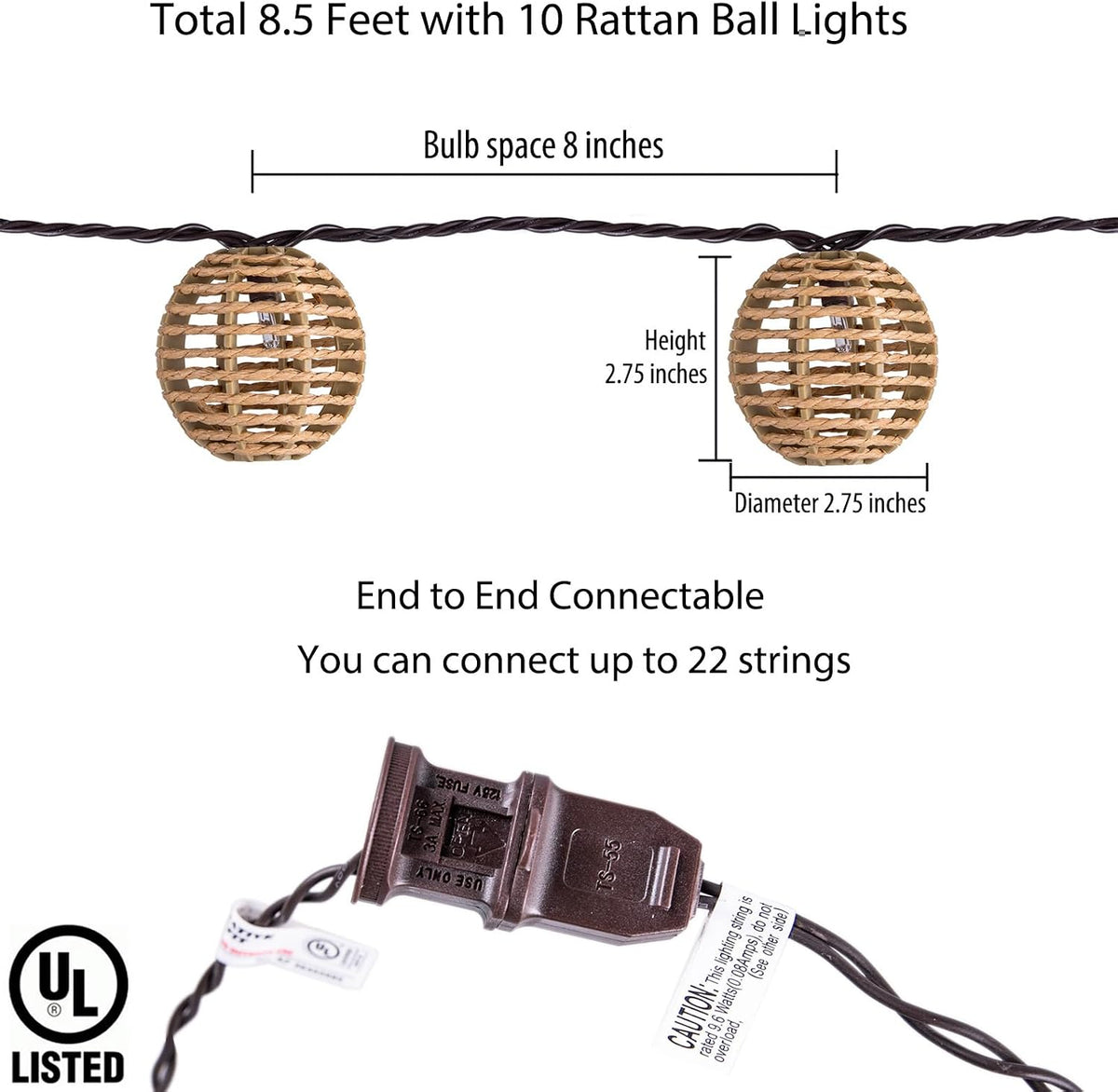 TWINKVILLA Decorative String Lights Plug in with 10 Incandescent Bulbs, Natural Rattan Globe Boho Lantern String Lights Connectable Weatherproof Outdoor Indoor for Bedroom Patio Pergola Decor