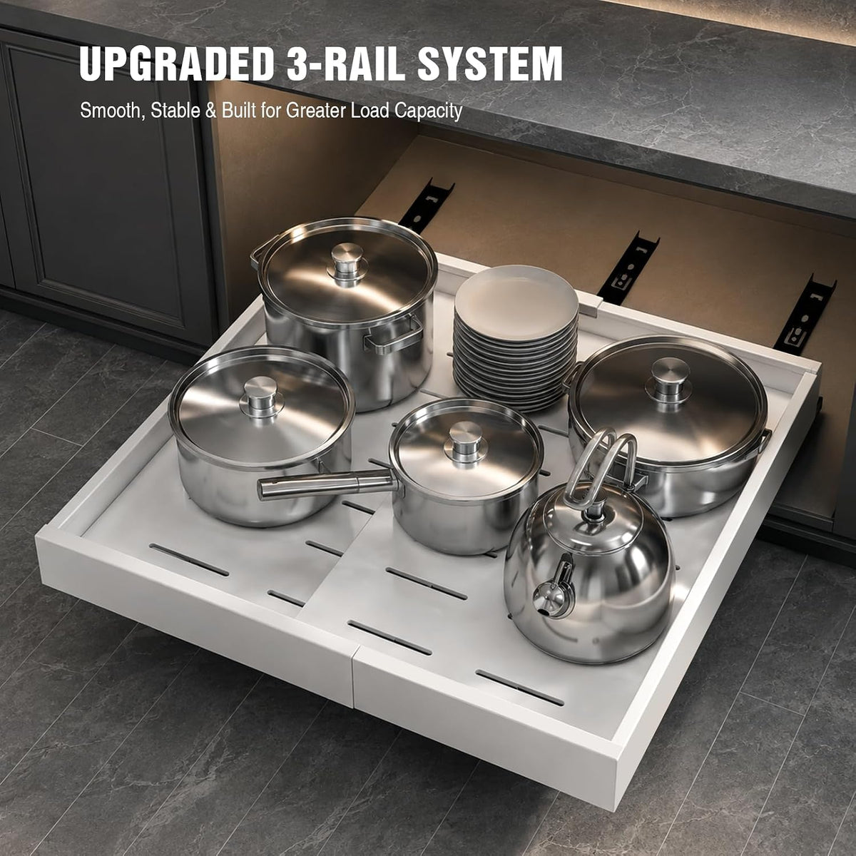 Seinloes 4 Pack Expandable Pull Out Cabinet Organizer 21"Deep With Raising Pad for Framed Cabinets,Upgrade 3 Slide Rails Slide Out Drawers,No Drill Roll Out Shelves,Adjustable Width 12.1"-20.4" White
