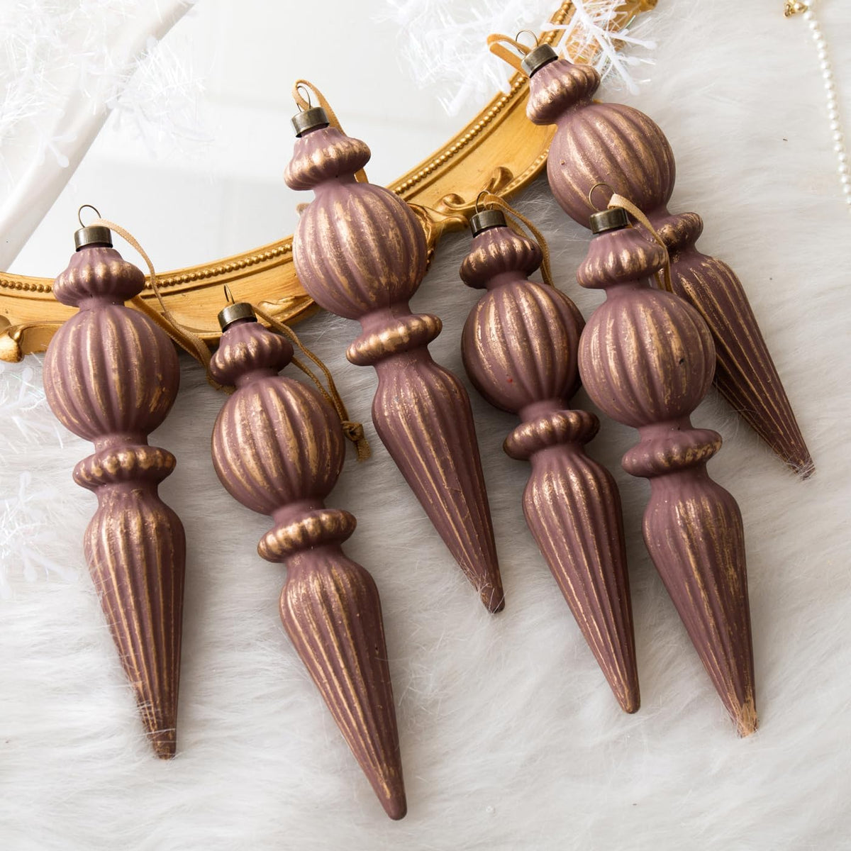 Gunmetal Gold Vintage Finial Christmas Ornaments, 6Pcs Neutral Shatterproof Xmas Tree Ornaments