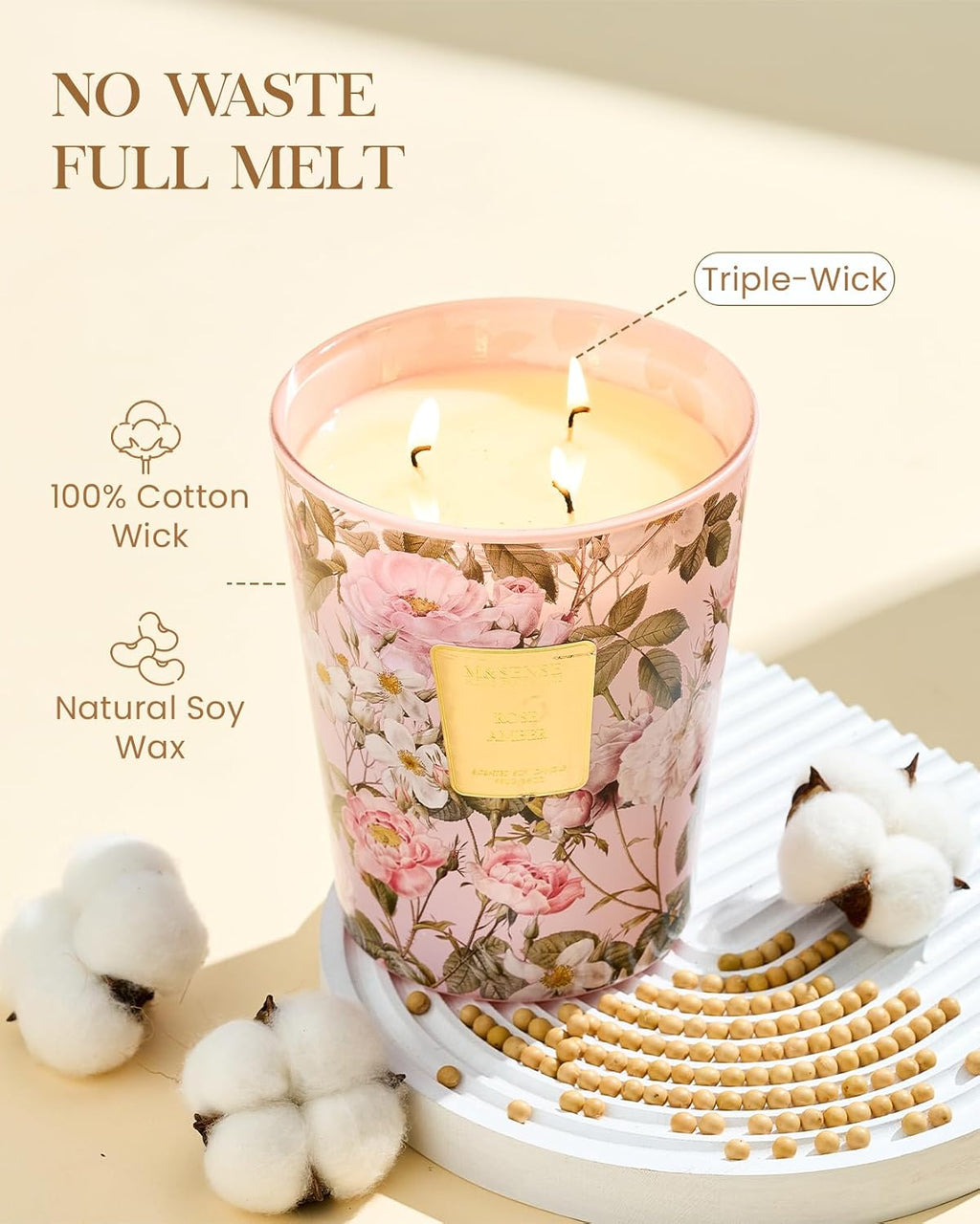 M&SENSE Rose Amber Soy Candle, 35oz 3-Wick, Romantic Women's Gift