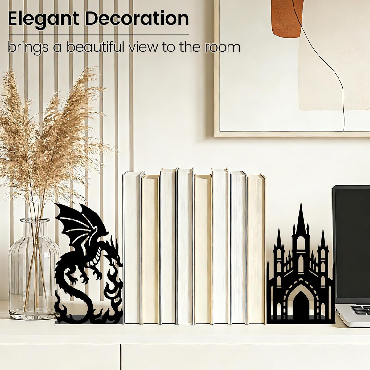 2pcs Castle Dragon Metal Bookends Middle Ages Heavy Duty Adjustable Book Stopper for Shelves and Desk Decorative Black Bookends for Heavy Books Cookbooks Vinyl Records with Non-Slip Pads