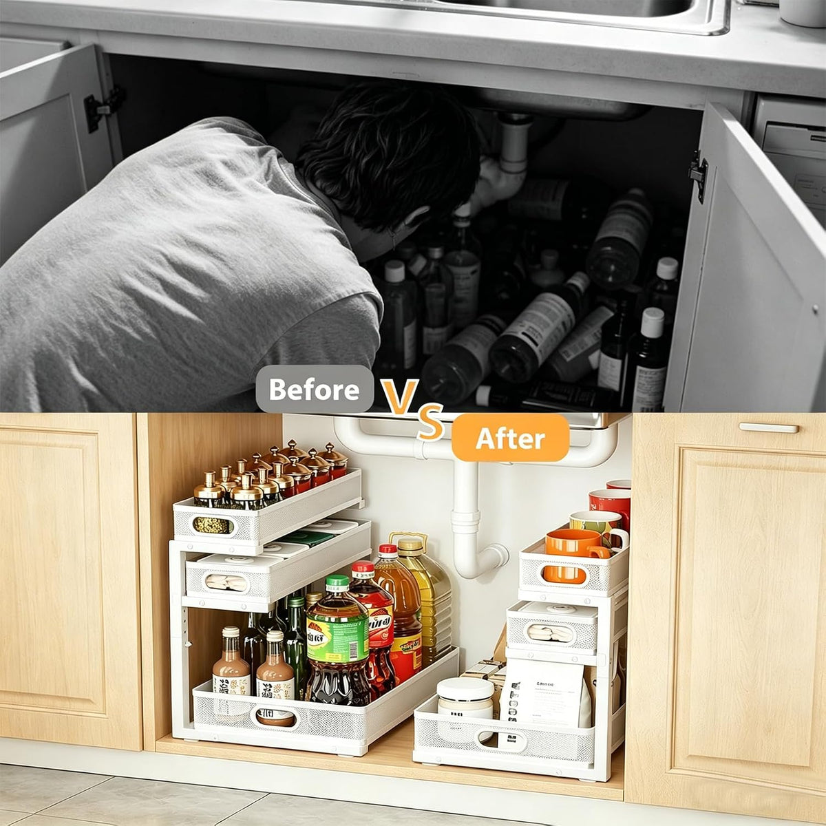 2 Pack Under Sink Organizer, 3-Tier Pull Out Kitchen Cabinet Organizer