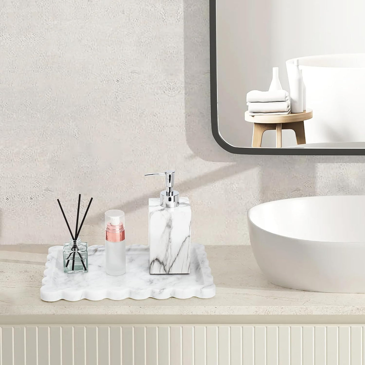 Scalloped Natural Marble Tray - Decorative Stone Tray for Bathroom & Vanity