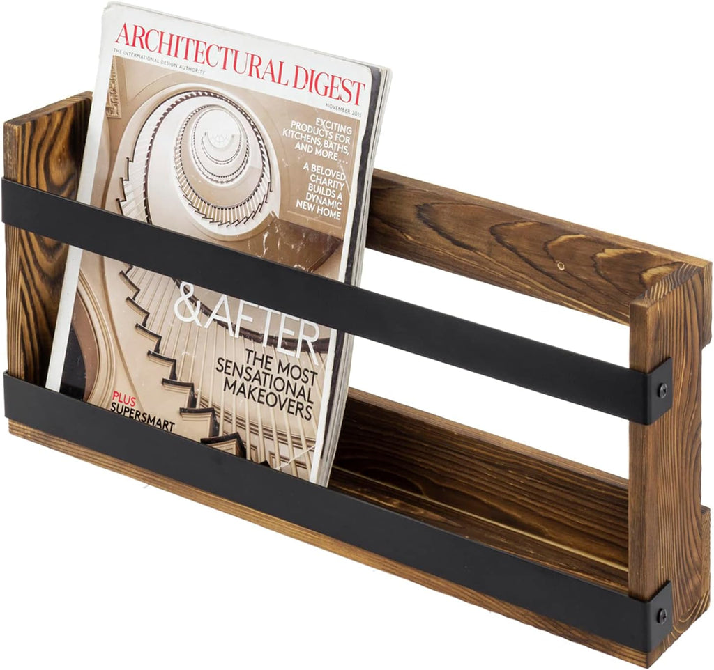 MyGift Magazine Rack, Burnt Wood & Black Metal, Wall-Mounted Display