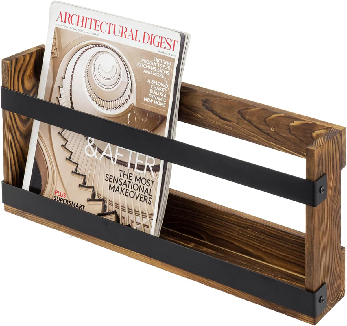 MyGift Magazine Rack, Burnt Wood & Black Metal, Wall-Mounted Display