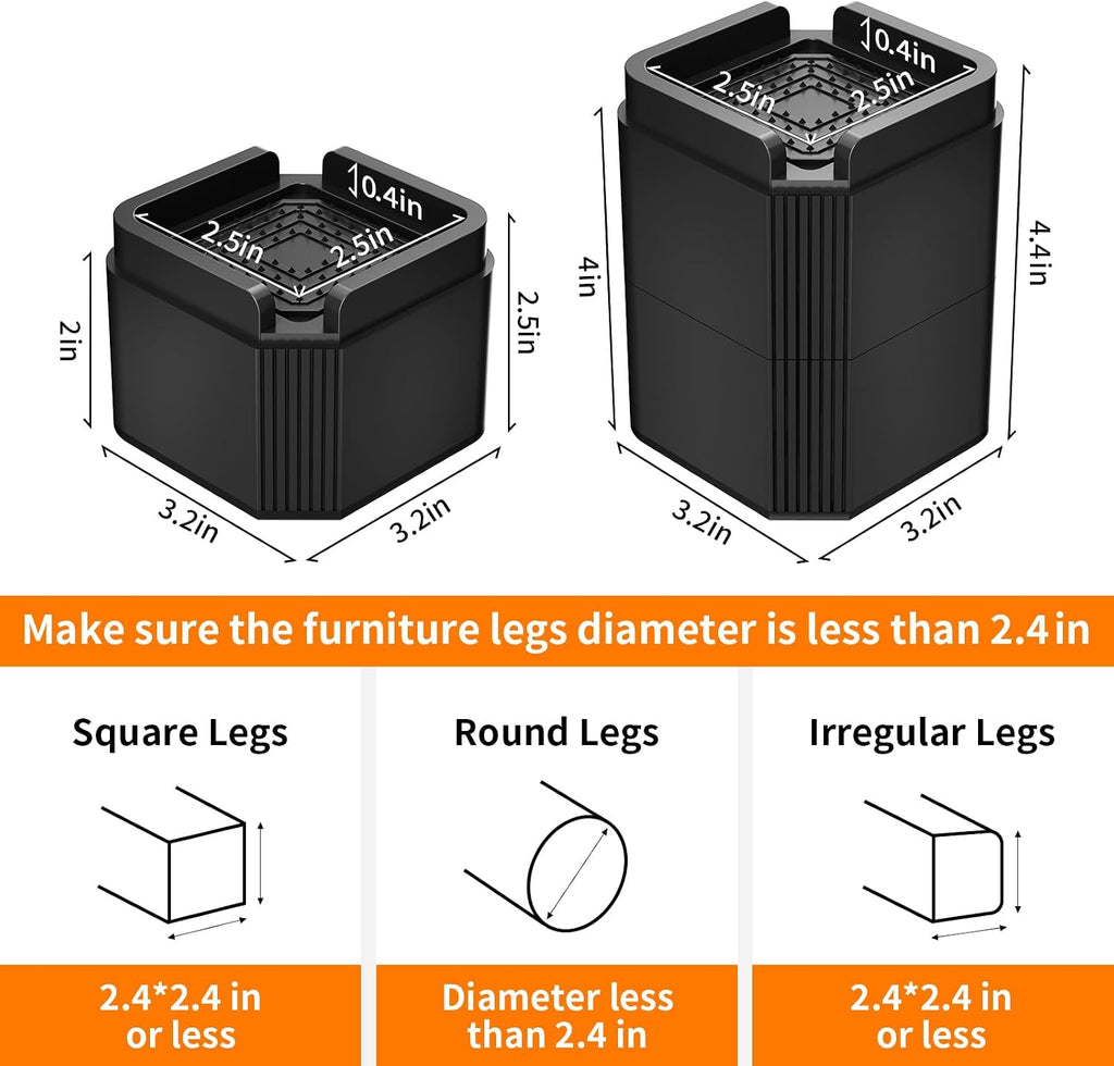 8 Pack Furniture Risers Adjustable Bed Risers Lift 2, 4, 5.9 Inch