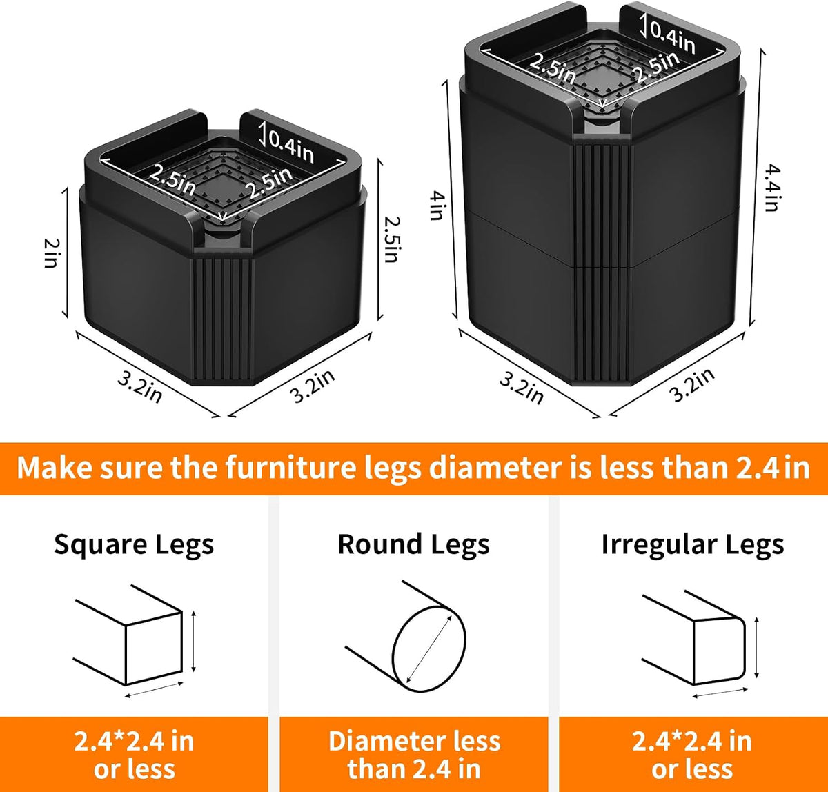 8 Pack Furniture Risers Adjustable Bed Risers Lift 2, 4, 5.9 Inch