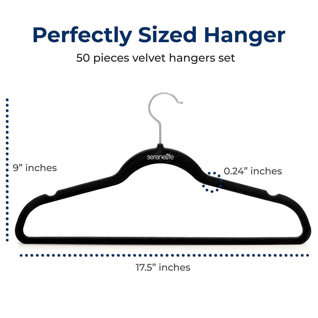 SereneLife 50-Pack Velvet Non-Slip Hangers – Slim Heavy Duty Clothes Hangers with 360° Swivel Hooks, Space-Saving Design, Lightweight & Durable Coat Hanger Set for Closet Organization (Black)