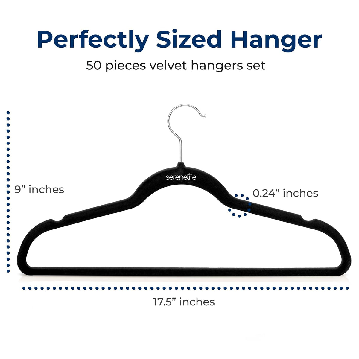 SereneLife 50-Pack Velvet Non-Slip Hangers – Slim Heavy Duty Clothes Hangers with 360° Swivel Hooks, Space-Saving Design, Lightweight & Durable Coat Hanger Set for Closet Organization (Black)