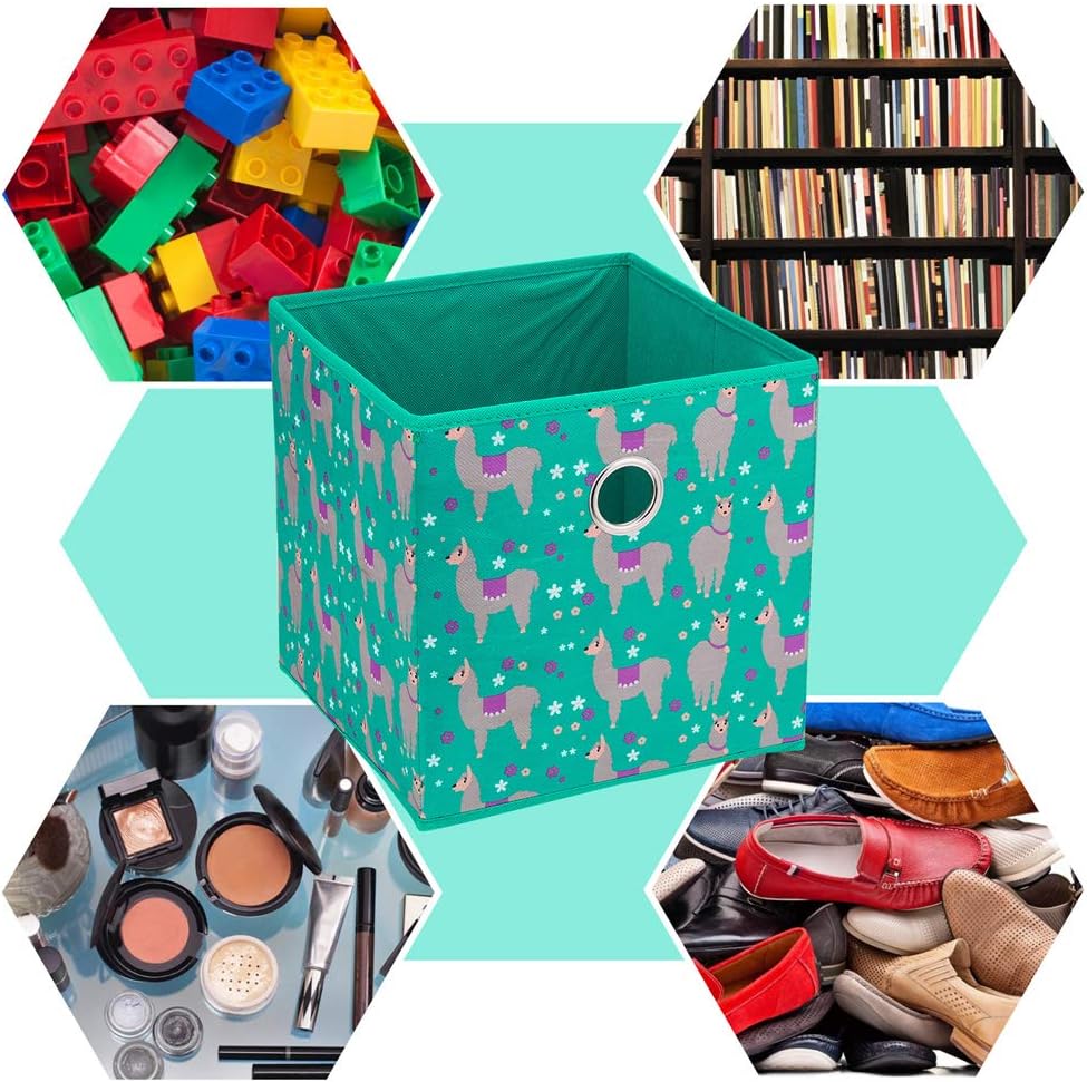Fabric Strorage Cubes Box Basket Bins Foldable 10x10x10 Inch Lake Green Alpaca Pattern for Closet Organizer Inserts Drawers ,QY-SC16-3