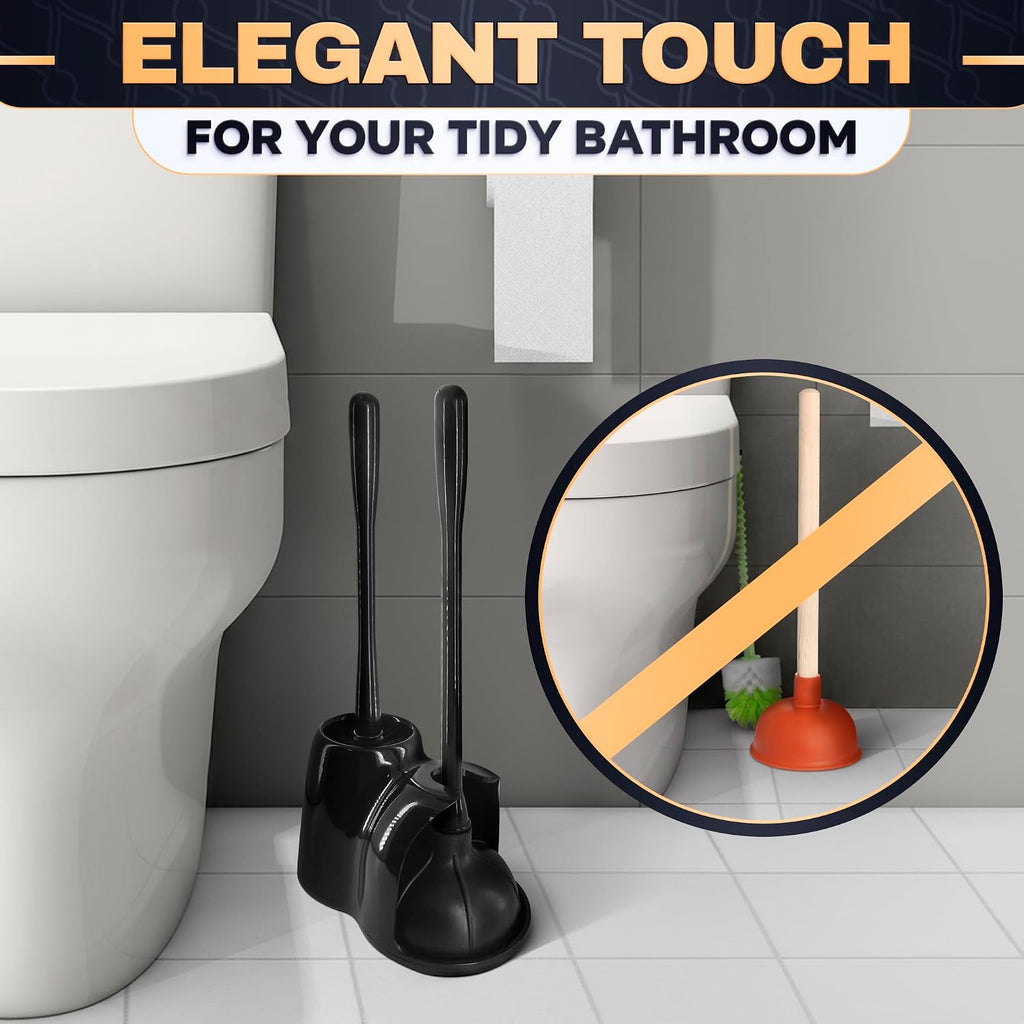 Black Toilet Brush and Plunger Set with Holder, 15.2 Inch (Black)