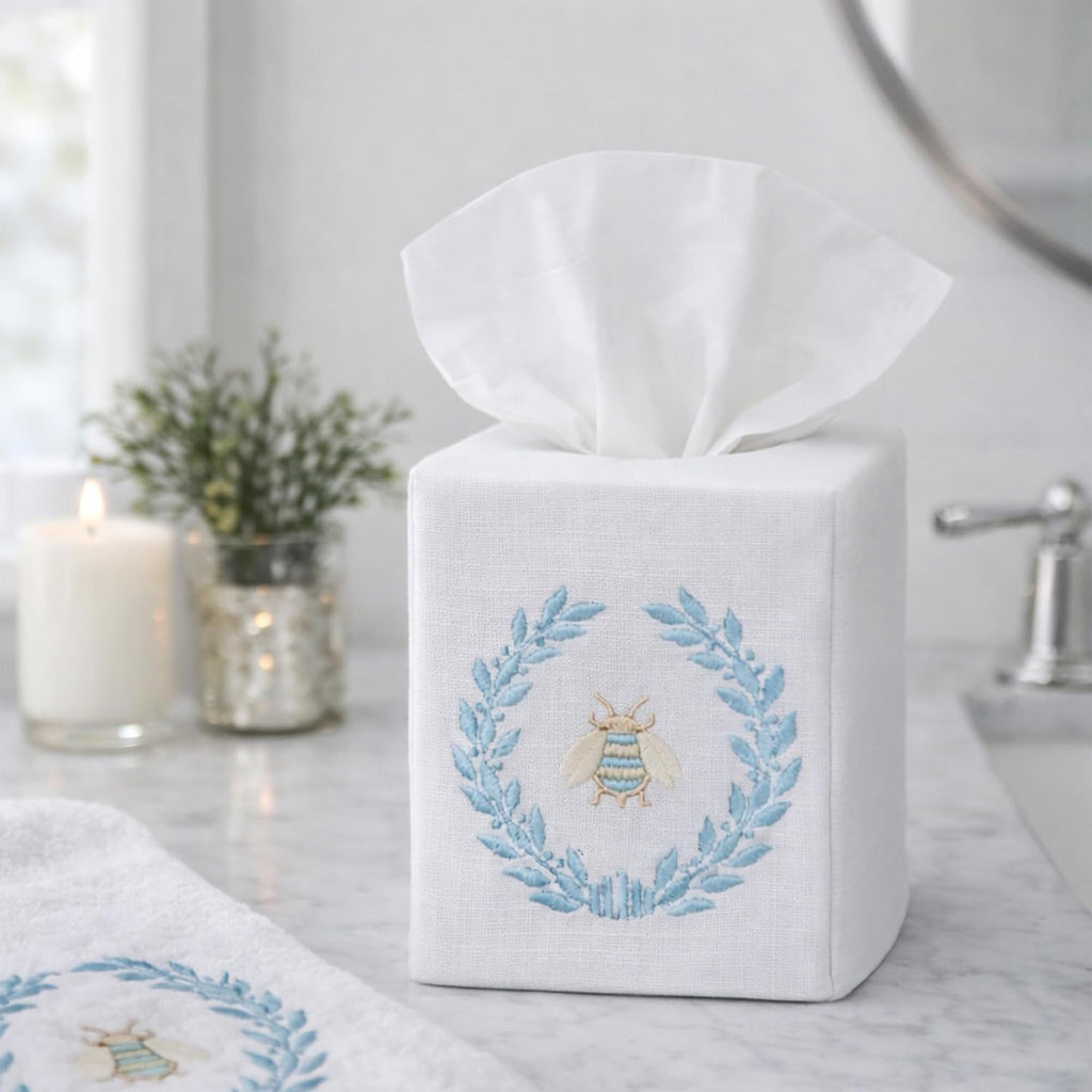 Jacaranda Living Square Tissue Box Cover, Linen/Cotton Fabric Tissue Holder, Decorative Cloth Tissue Cube Cover, Embroidered Bee Designs, Napoleon Bee Wreath (Duck Egg Blue)