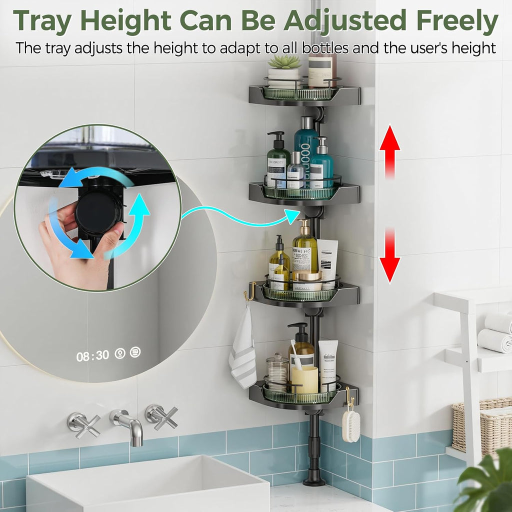 AKINBAS 360° Rotating Shower Caddy Tension Pole with 4-Tier Rustproof Lazy Susan 35-128 Inch No Drilling Coner Shelves Adjustable Shower Rack for Bathroom Bathtub Washbasin Plant Storage (Black+Green)