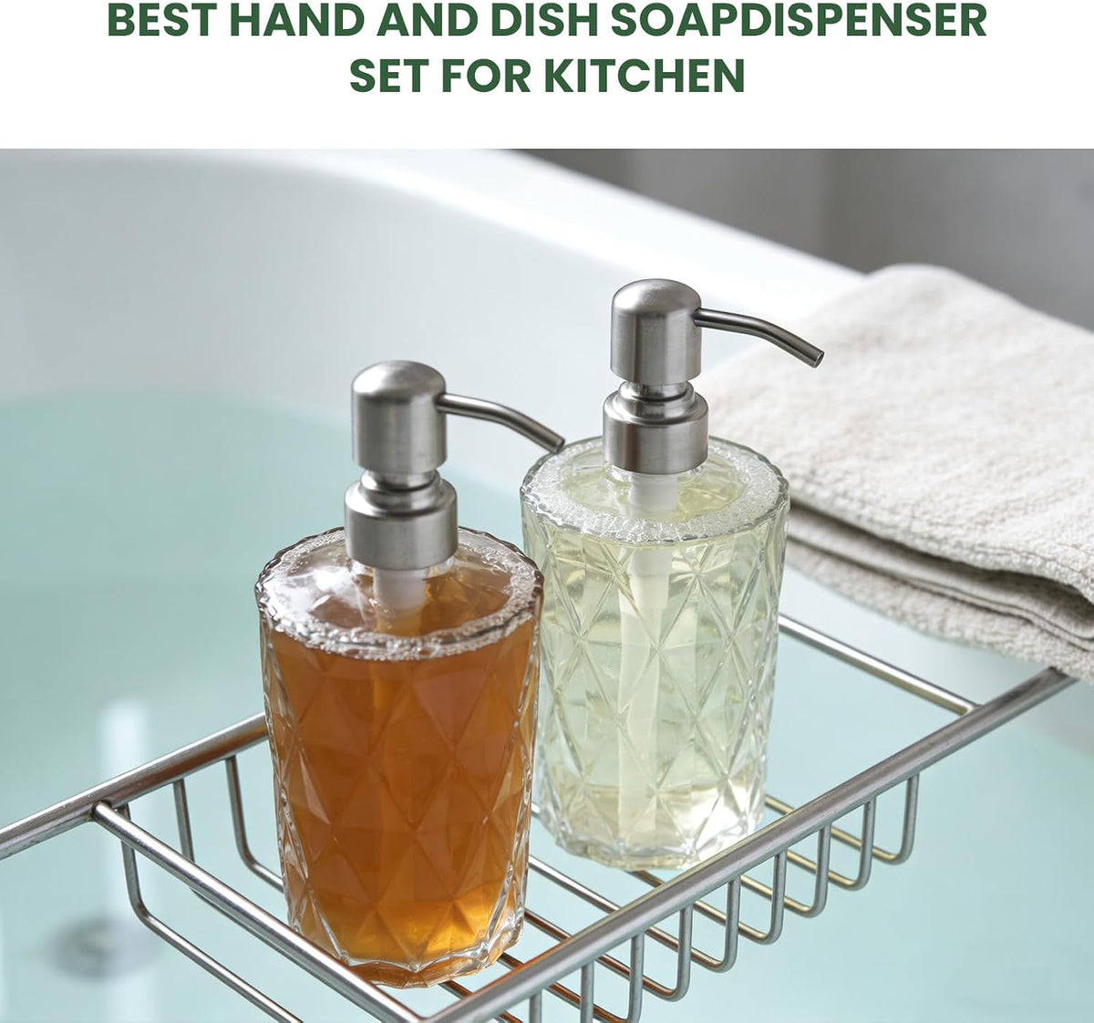 16 OZ Diamond Design Soap Dispense with 304 Rust Proof Stainless Steel Pump Glass Soap Dispenser Kitchen Soap Dispenser Bathroom