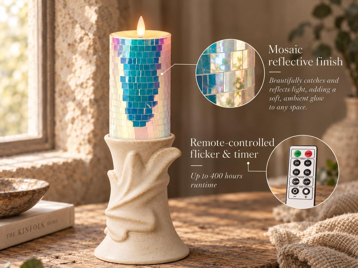 Glass Flameless Pillar Candles Flickering with Remote Timer, Battery Operated LED 3D Moving Flame Real Wax Candles,Remote Included (Rainbow Laser Mosaic)