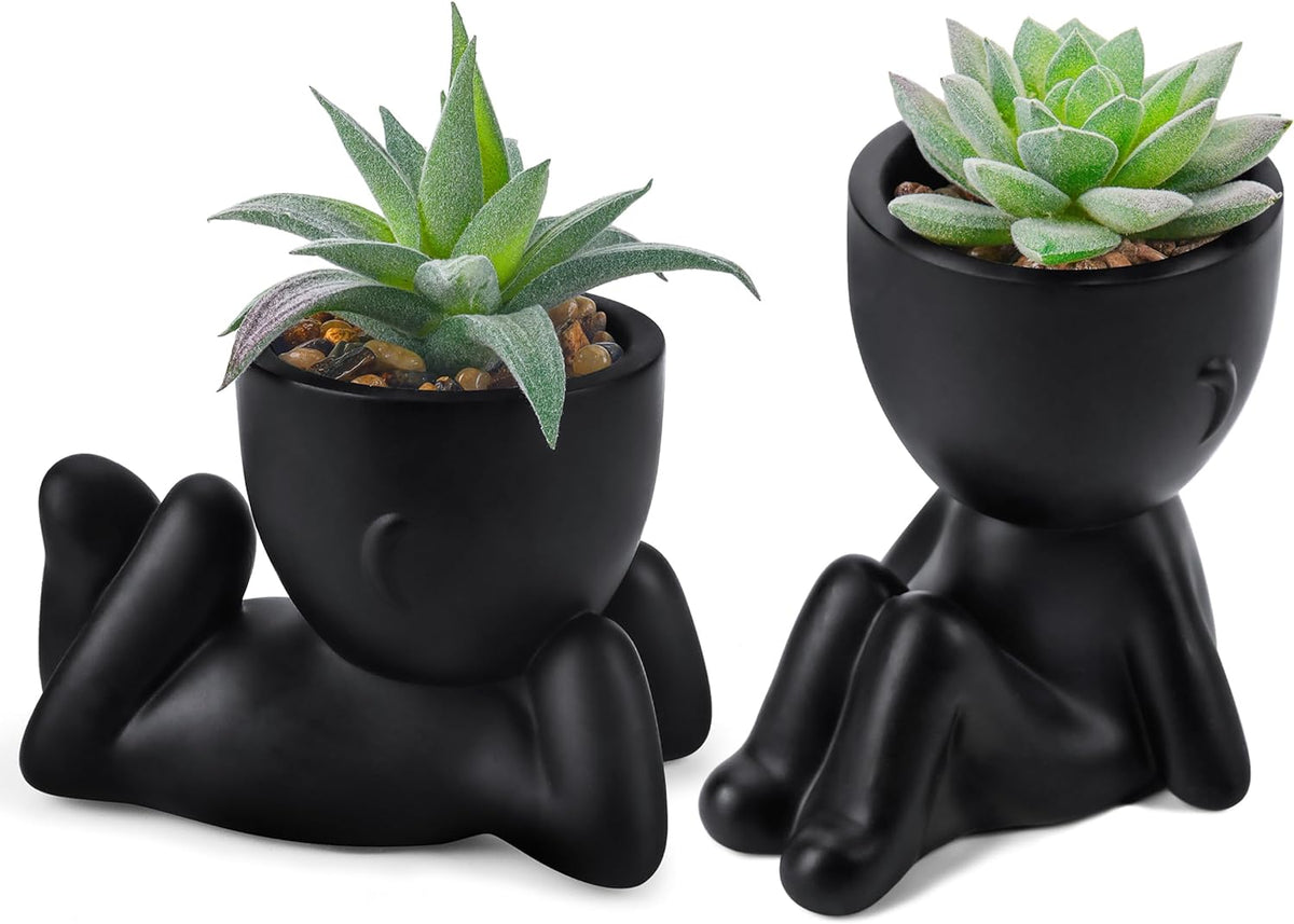 Der Rose 2 Pack Fake Succulents in Black Human Pots for Bathroom Decor