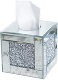 Mirrored Tissue Box Cover Holder, Square Glass Facial Tissue Holder with Crushed Diamond Crystals, Luxury Facial Paper Organizer Dispenser for Bathroom, Vanity Countertop, Tabletop, Silver