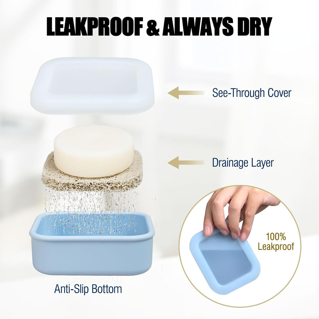 OTHIX 2 Pack Leakproof Silicone Travel Soap Case, Small Bar Soap Holder Container with Drainage Layer & Mini Portable Soap Dish Fits for Shampoo Bar, Gym, Camping (Baby Blue & Sage Green)