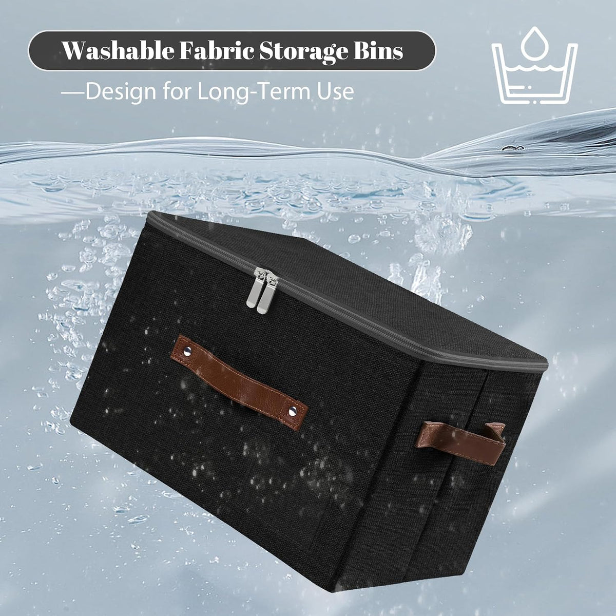 ANMINY Small Storage Box Fabric Bins with Zipper Lid, 10"x8"x7" Black 3PCS