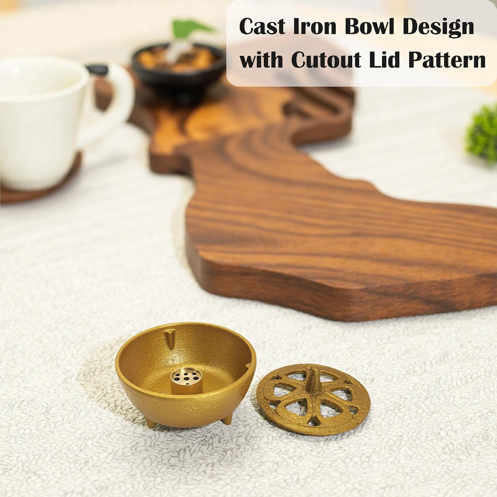 Small Cast Iron Incense Burner Holder, Home Decor, Bowl Design with Lid, Golden Incense for Sticks, Resin, Cone Incense or Wax Melts, Cense with Stand Base for Yoga, Spa, Room, Office