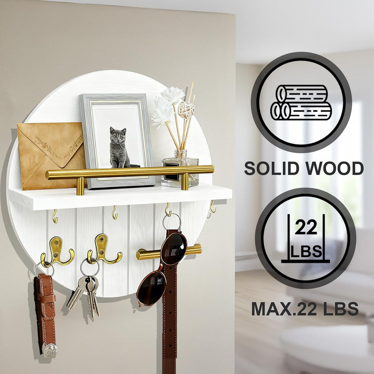 Round Wooden Key Holder Wall Mount with Shelf & 8 Key Hooks for Entryway