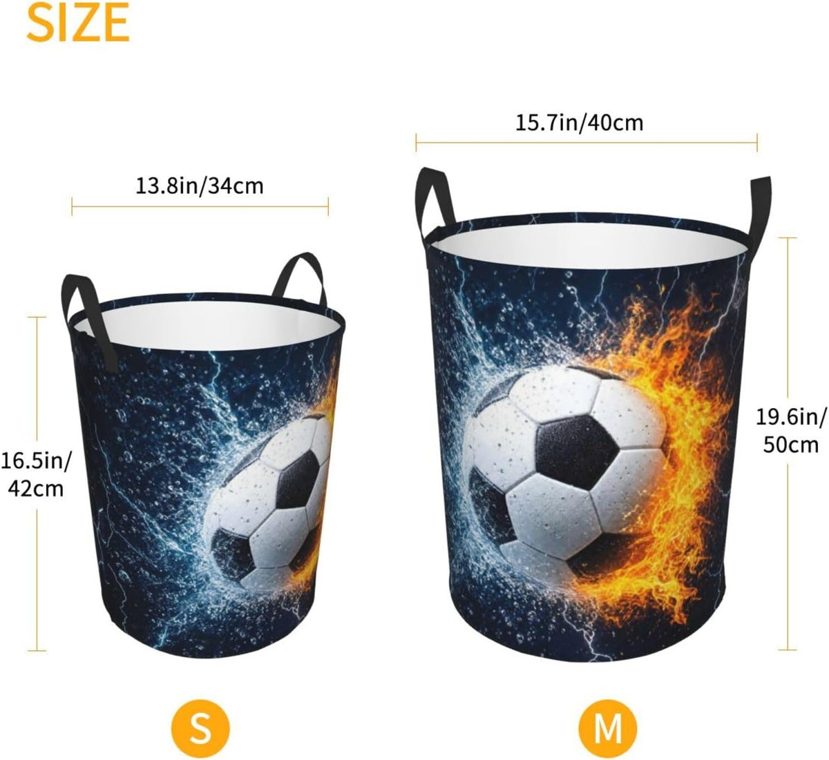 Soccer Ball In Fire And Water Round Laundry Hamper Sport Football Storage Basket Toys Clothes Organizer Bin For Home Bathroom Bedroom Dorm Nursery, 38l