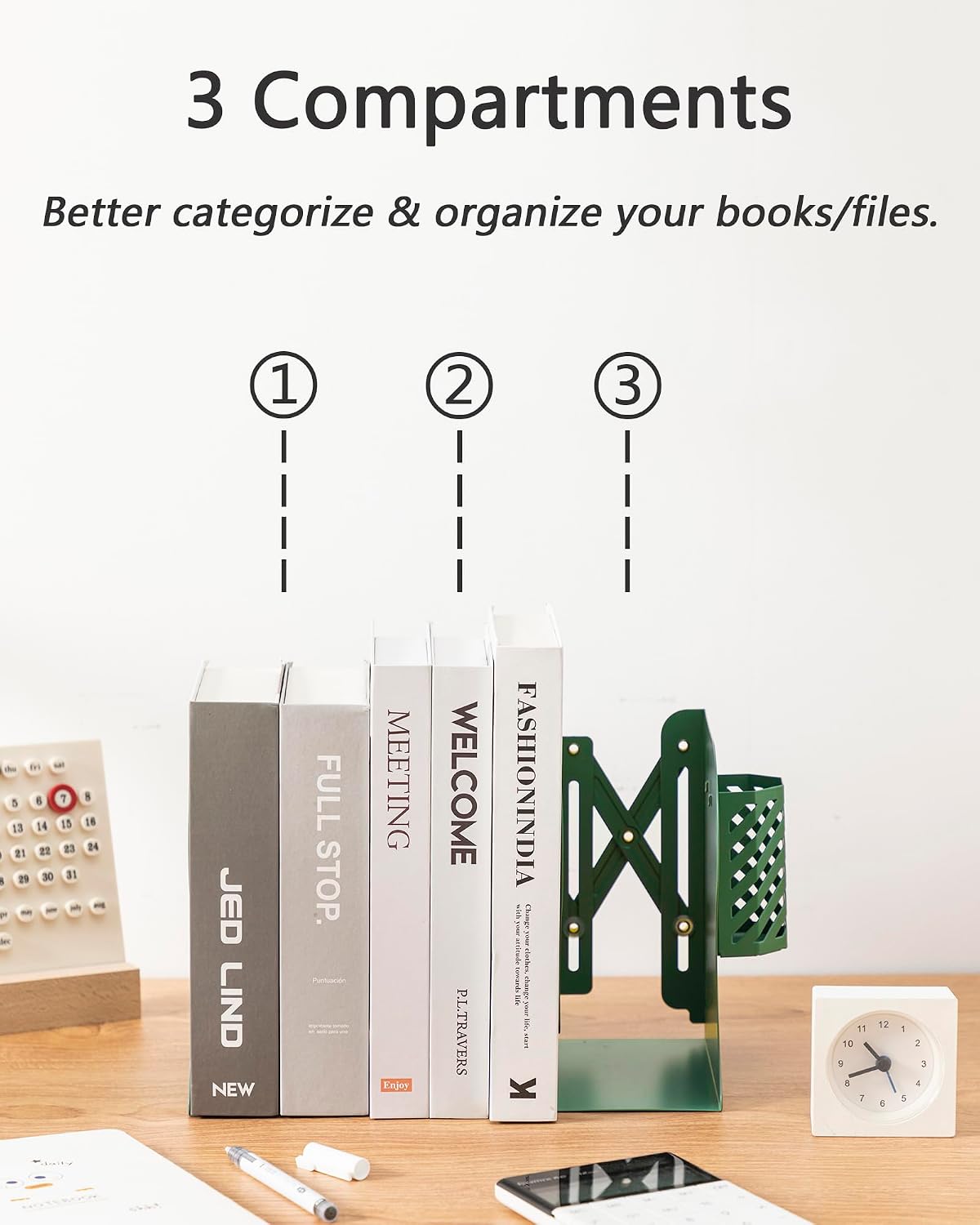 Kingsmile Book Ends, Adjustable Heavy Duty Metal Book Stoppers with Pen Holder for Desk Office Library Kids Room(Green)