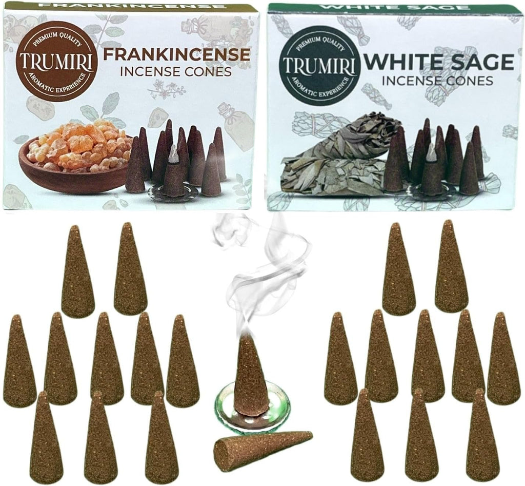 TRUMIRI Incense Cones - Combo Pack of 20 Cone Incense - 10 Frankincense + 10 White Sage