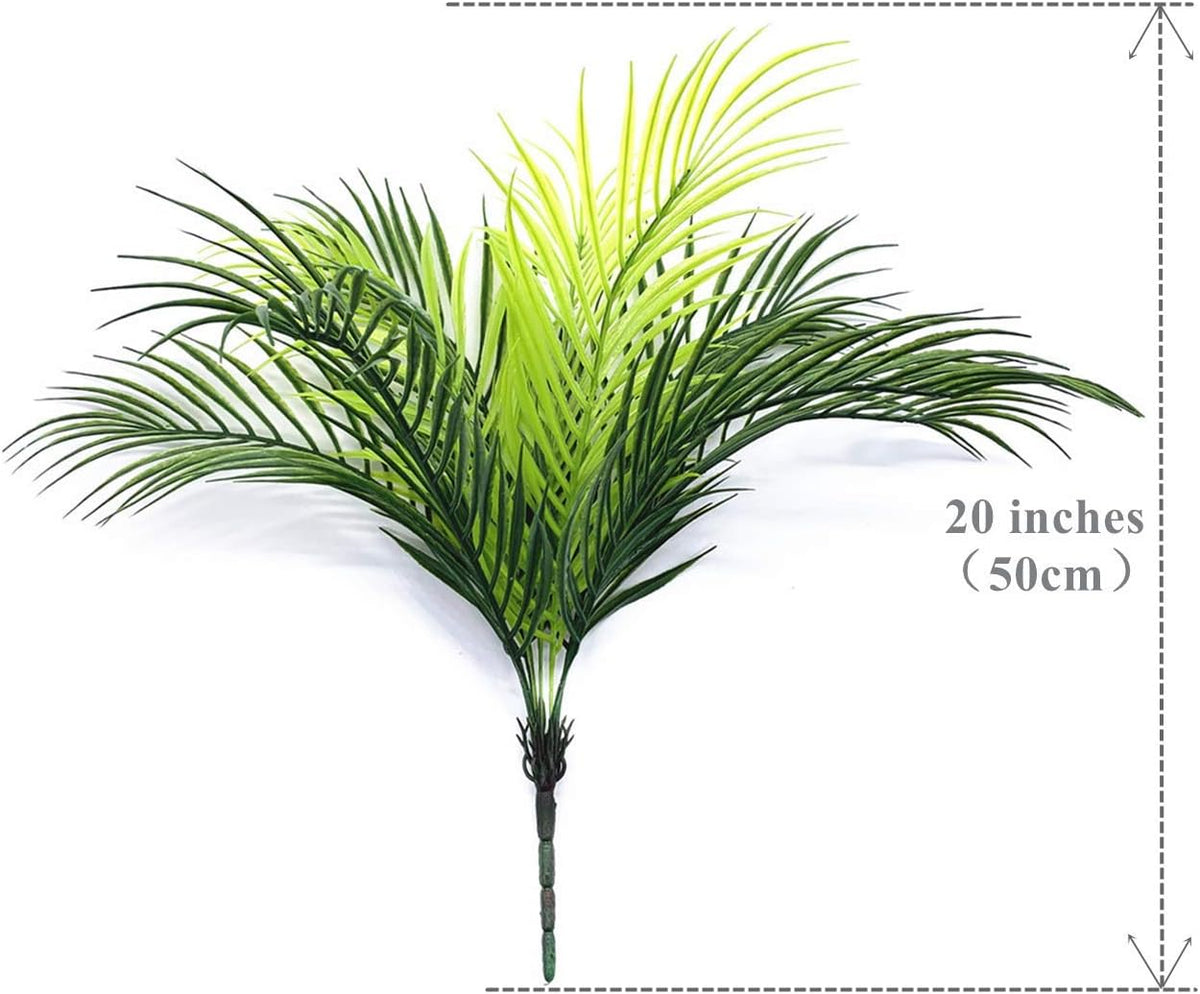 Artificial Plants Fake Palm Tree Plastic Shrubs 4 Pack, Fake Greenery Bushes UV Resistant Shrub Tropical Leaves Stems for Indoor Home Decor Kitchen Room Outdoor Garden Wedding Christmas DIY Decoration