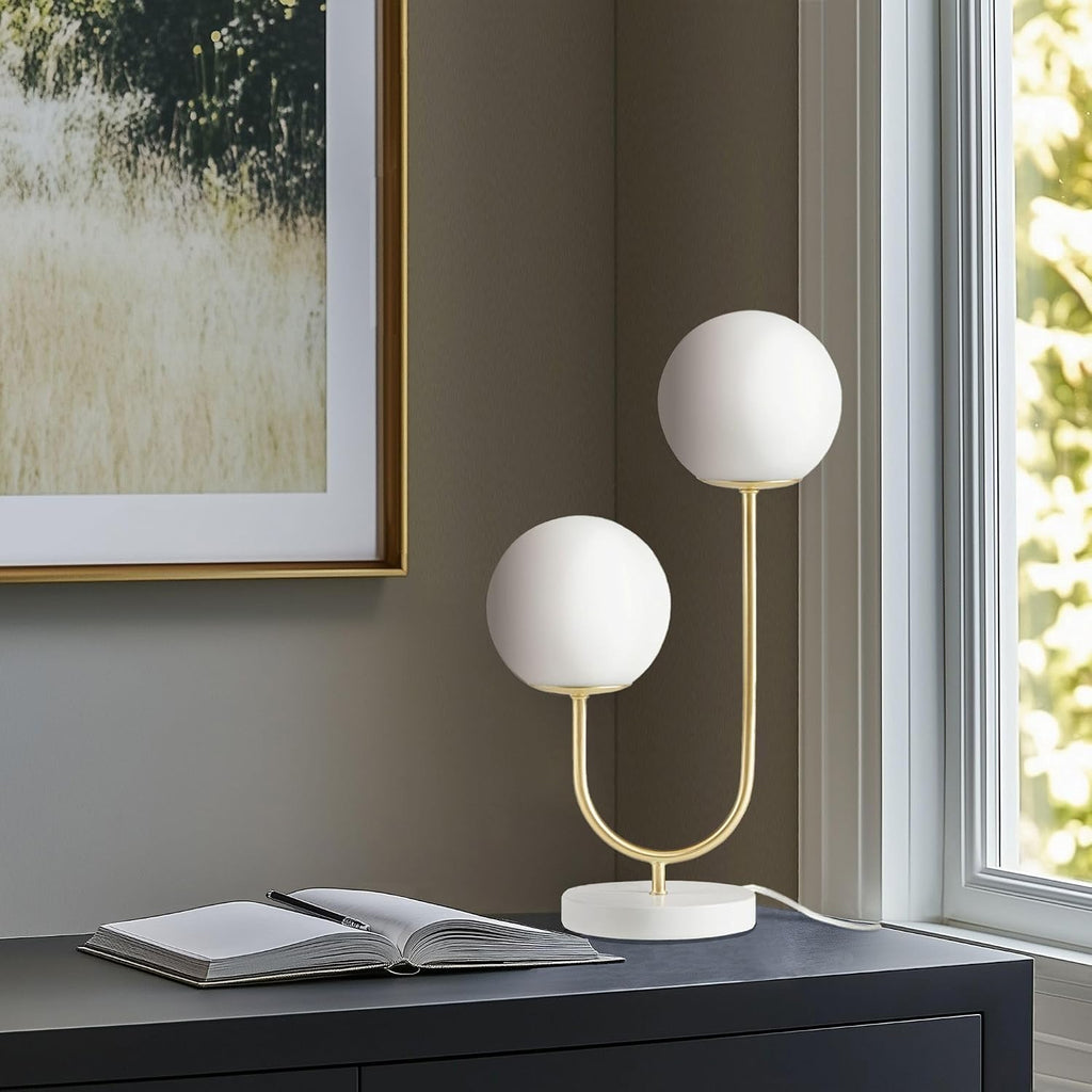 510 DESIGN Table Lamp for Bedroom - Metal Gold Nightstand Lamp, Frosted Glass Globes Modern Bedside Lamp w/White Base, Clear Polarized Cord & in Line Switch, Accent Lamp Decor, 20" H Gold/White