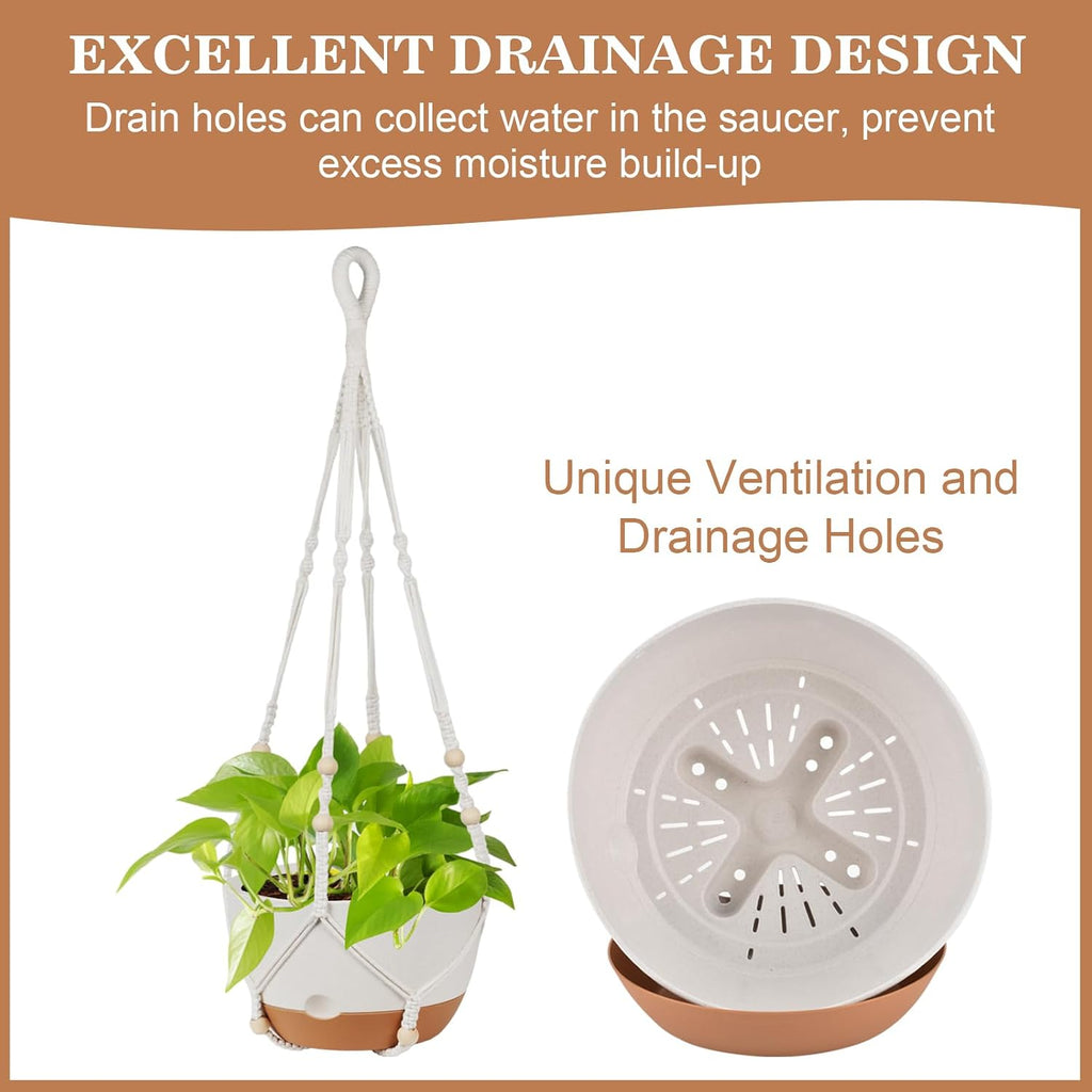 3 Pack Hanging Pot for Indoor Plants, 10inch Self-Watering Hanging Planter, Macrame Plant Hanger with Pot, Metal Chain, S & Ceiling Hooks, Removable Saucer and Drainage Holes for Garden Home - White