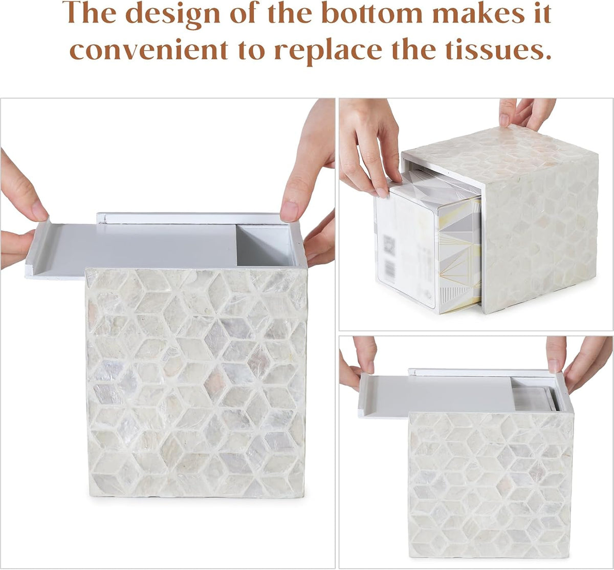 YANGQIHOME Capiz Shells Tissue Box Cover, Handmade Decorative Tissue Box Holder with Mother of Pearl, Square Facial Tissue Holder for Bathroom, Living Room, Kitchen, 5.5" x 5.5" x 5.9" (White)