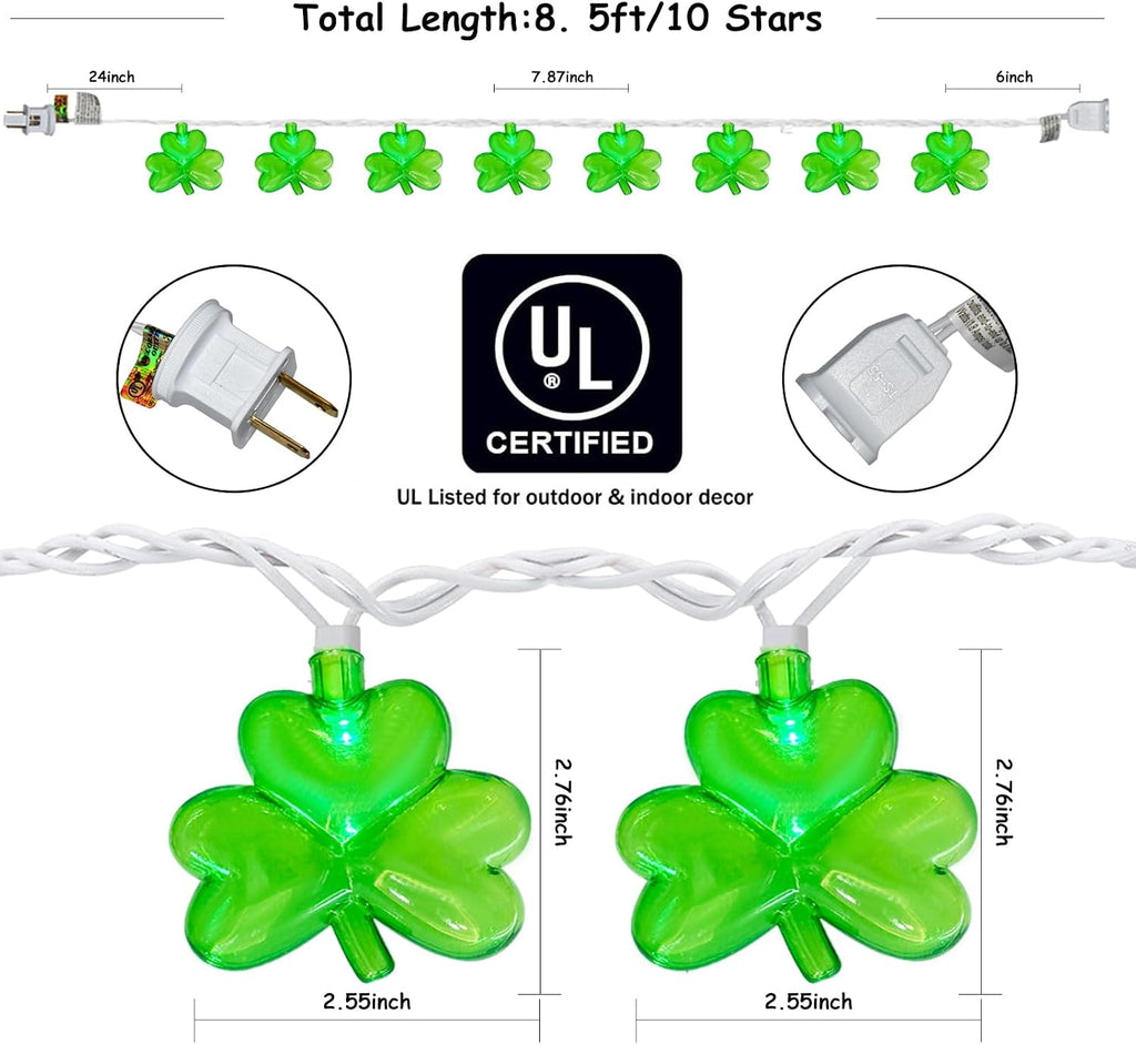 LED Shamrock String Lights Outdoor, 8.5Ft St. Patrick's Day Decorations Lights with 10 Green Clover Light, Plug in Shamrock Fairy Light for Indoor Outdoor St. Patrick's Day Party Irish Window Garden