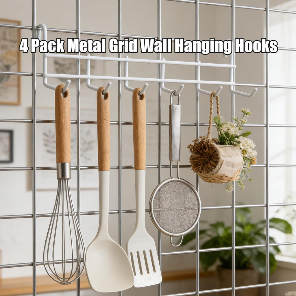 4 Pack Metal Grid Wall Hanging Hooks, Grid Wall Accessories, Heavy Duty Storage Hooks Rack for Door Back Wall Mount Storage and Display, Hook Attachment for Wire Shelving (4 x Hanging Hooks（White）)