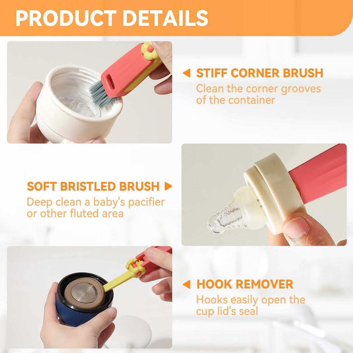 3 in 1 Cup Lid Gap Cleaning Brush Set, Multifunctional Bottle Clean-ing Brush, Cup Lid Gap Cleaner, Home Kitchen Crevice Cleaning Brush Tools (Red)