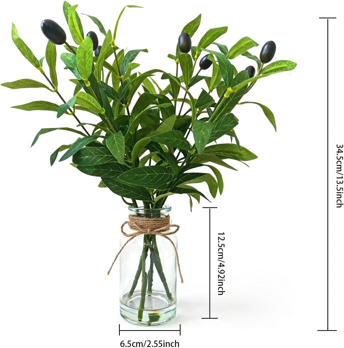 Artificial Olive Branches in Glass Vase with Faux Water,13.5" Fake Plants for Bathroom Shelf Decor, Farmhouse Centerpieces for Tables, Small Desk Plants for Home Office Decor (Olive Branches)