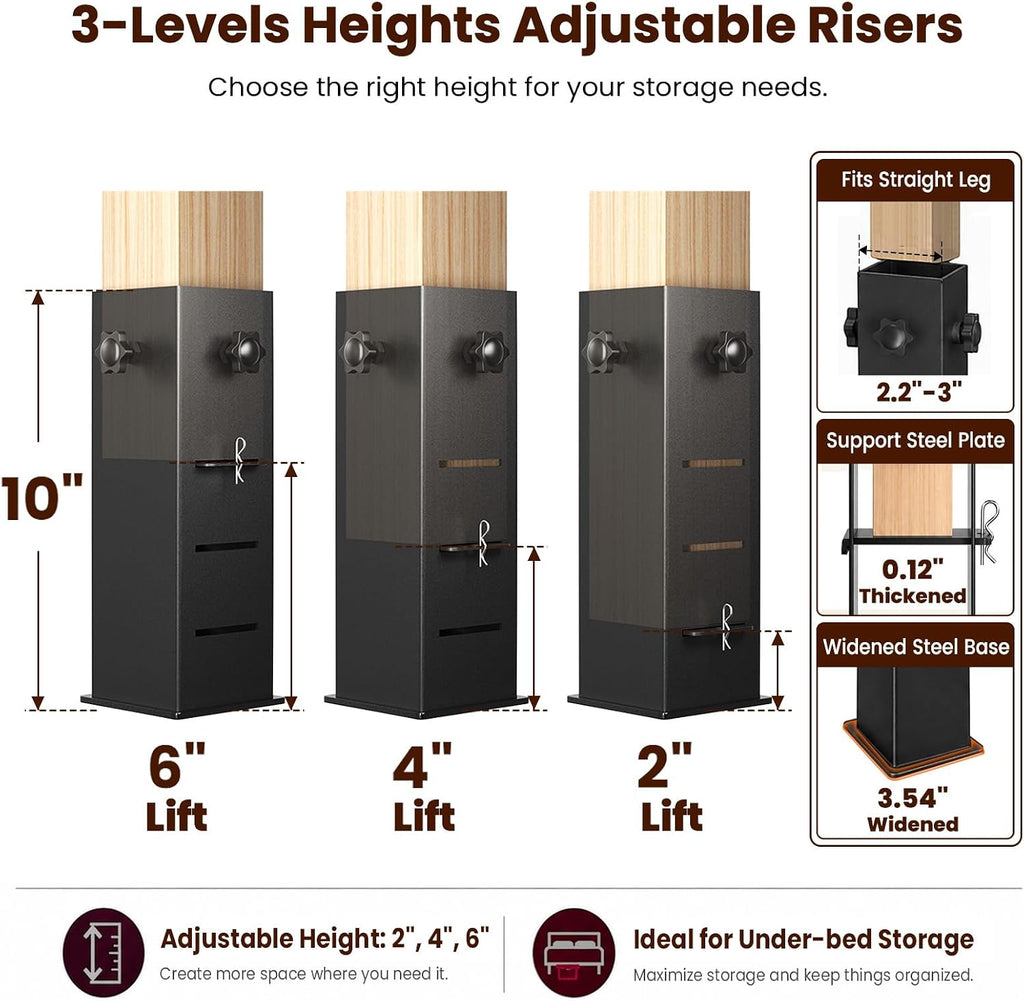 Heavy Duty Dorm Bed Risers, Adjustable Bed Leg Extenders, 2", 4", 6"