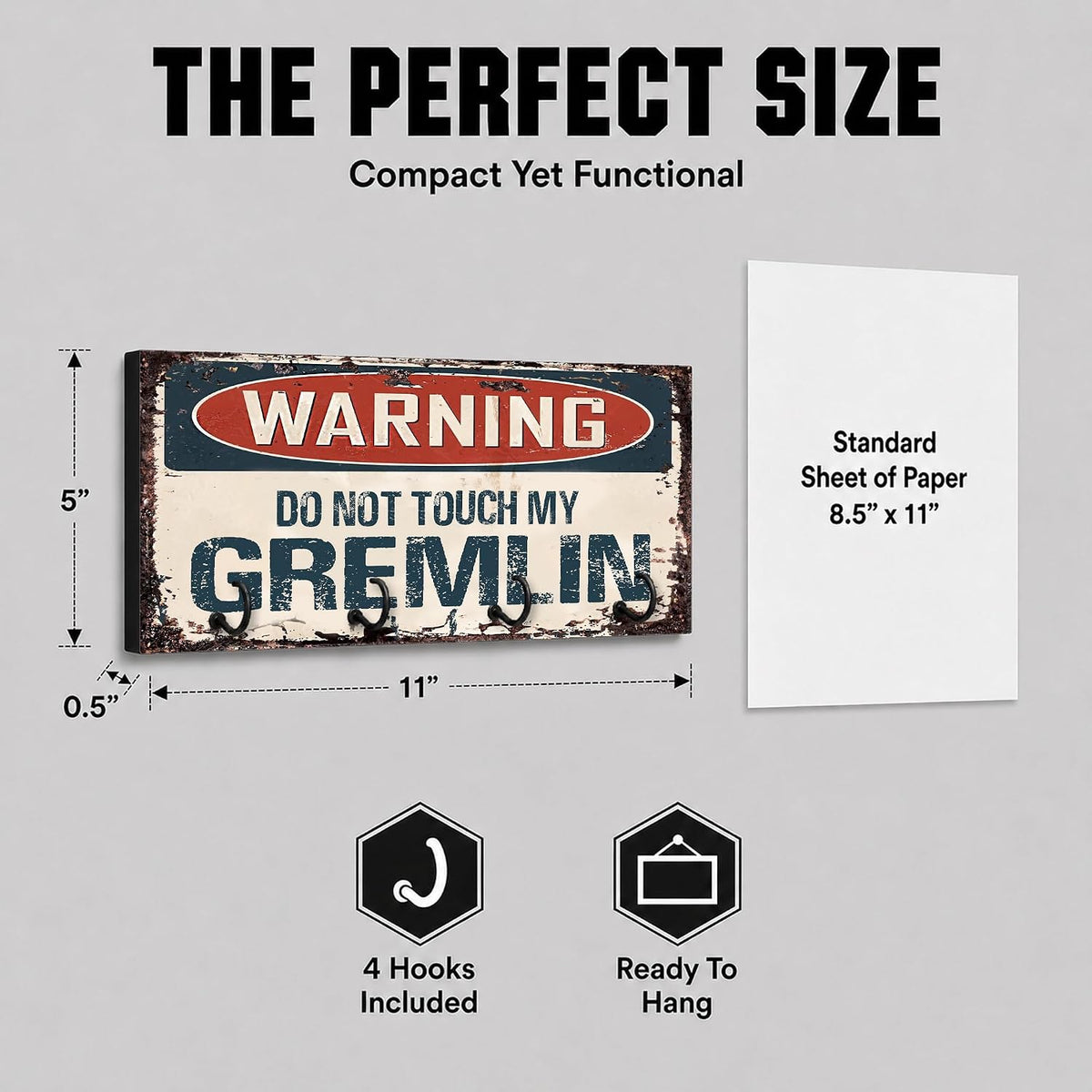 Compatible with AMC Gremlin Warning Do Not Touch My Gremlin Rusty Grunge Old Antique Design Key Hanger Organizer Wall Mount Rack For Holders the Home Keys Ring Decorative Hangers Decor Hook Holder