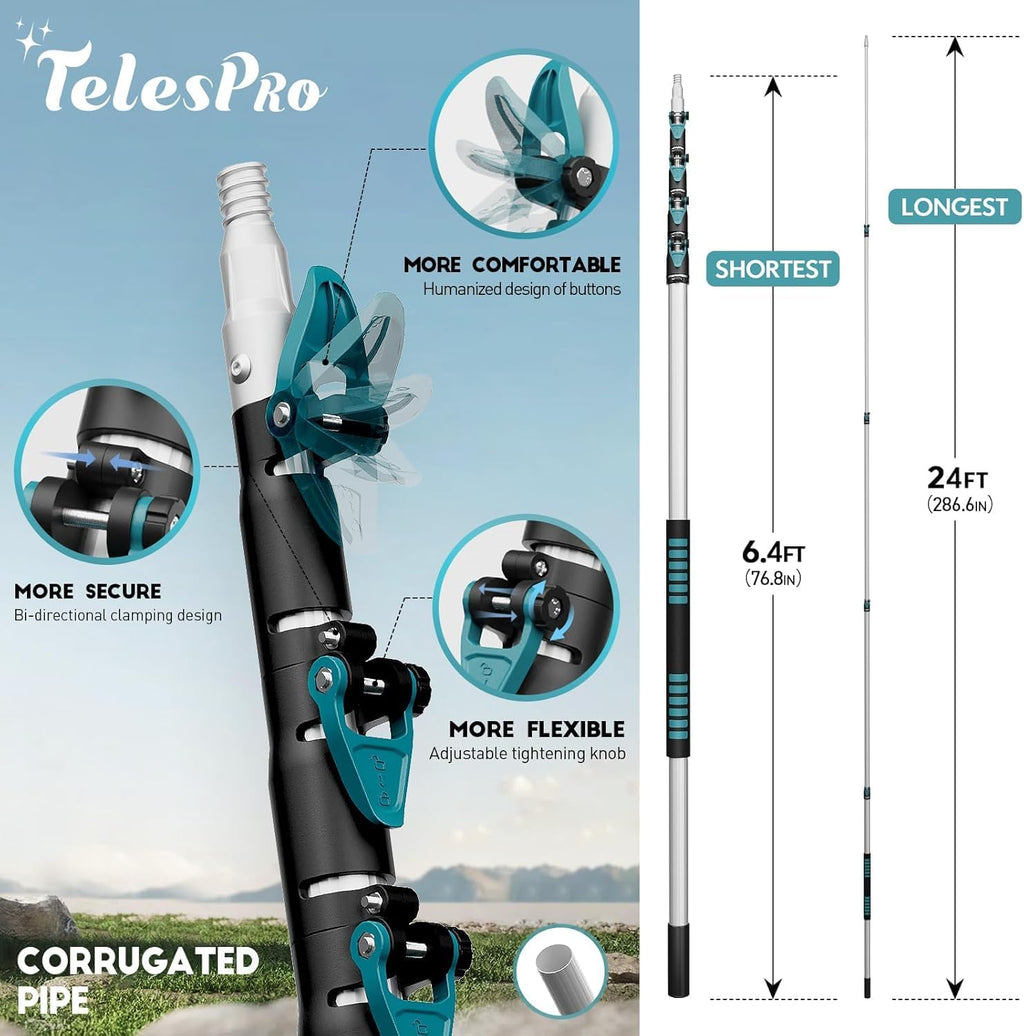 TelesPro 30 Foot High-Reach Duster Kit with 6-24FT Extendable Pole - High Ceiling Duster Cleaning Kit with Telescopic Pole,Cobweb Duster, Chenille Ceiling Fan Duster, Microfiber Feather Duster