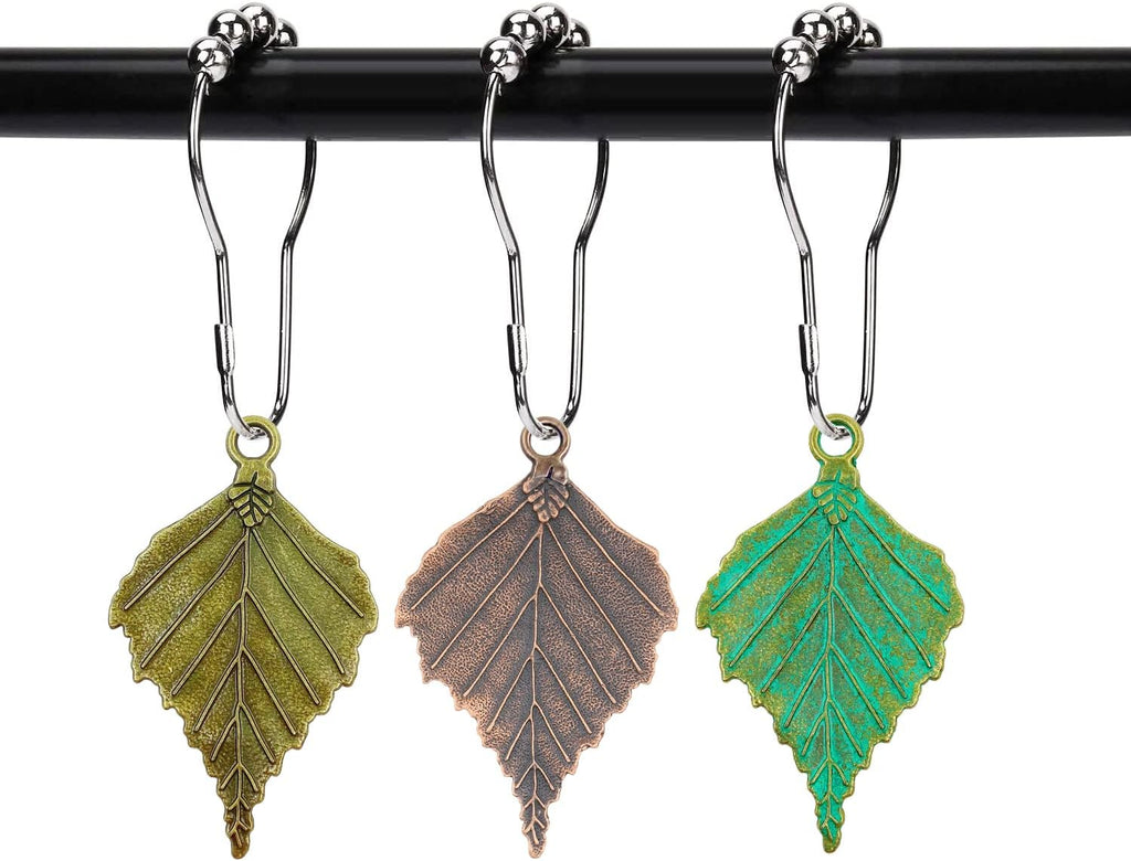 Set of 12 Birch Tree Leaf Shower Curtain Hooks Realistic Large Veined Leaf Autumn Leaves Woodland Forest Style Theme Home Shower Curtain Rings Decor Accessories (Colorful)