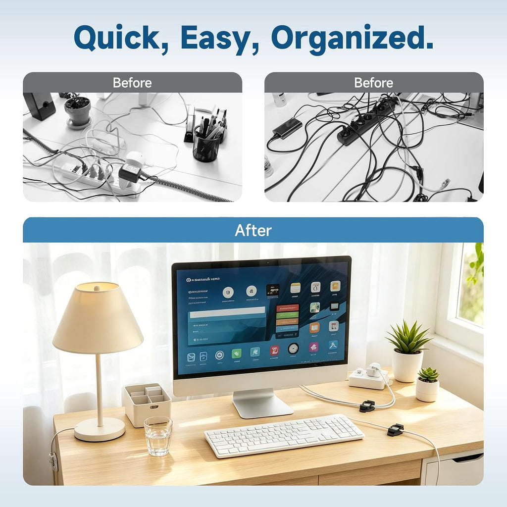 10 Sets Adjustable Cable Management Clips, Self Adhesive Cord Organizer with Elastic Loop, Reusable Cable Holder for Desk, Under Desk, Wall, TV, Office, Home, Charging Cables, USB, HDMI, PC Wires