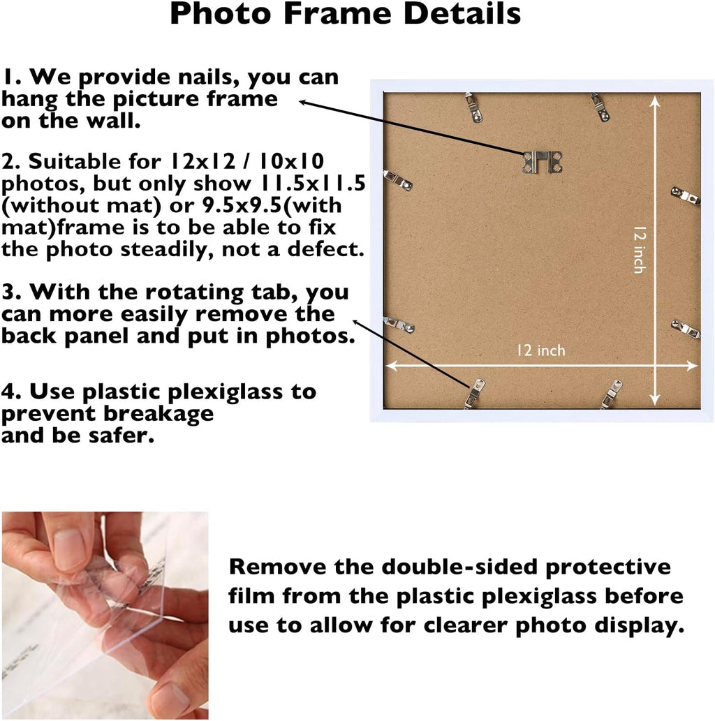 JCJMY 12x12 Picture Frame Set of 4 White with 10x10 Mat for 30 x 30cm Diamond Art Painting, Display Photo 12 x 12 Without Mat, Wall Hanging Large Frame with Plexiglass, 4 Pack