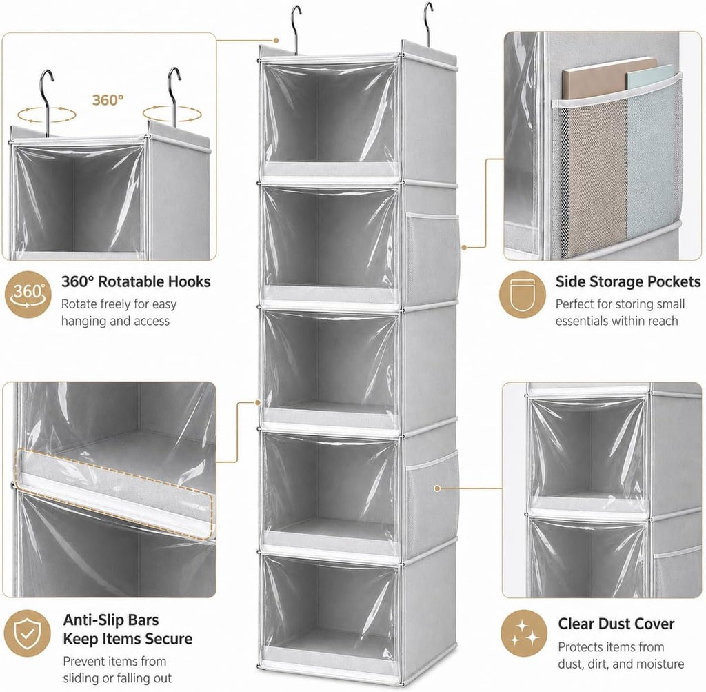 Vailando 5-Shelf Hanging Closet Organizer with Clear Dust Covers, Gray