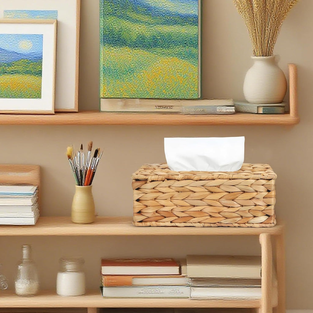 Water Hyacinth Rectangular Tissue Box Cover - Handwoven Natural Decorative Tissue Holder, Fits Standard Rectangular Tissue Boxes for Living Room, Bedroom, Bathroom, Sustainable Home Decor