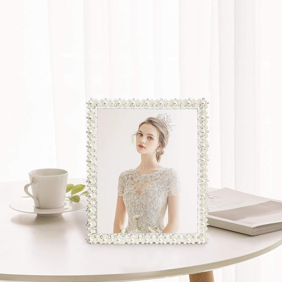 DIKAR 8x10 Wedding Picture Frame, Pearl and Diamond Ornate, Gold Edge