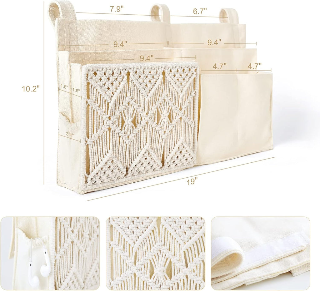 Mkono Bedside Caddy, Macrame Bunk Bed Hanging Organizer, 7 Pockets Ivory