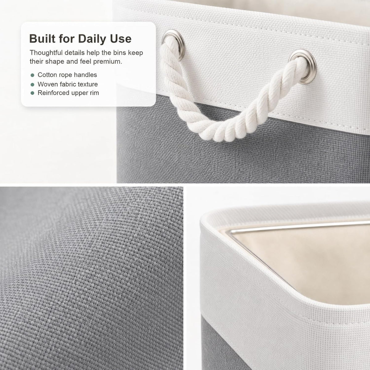 11x11 Inch Cube Storage Bins, 6 Pack Collapsible Fabric Storage Cubes with Rope Handles, Waterproof Foldable Storage Baskets for Cube Shelves, Closet, Clothes, Toys, Books, White & Gray